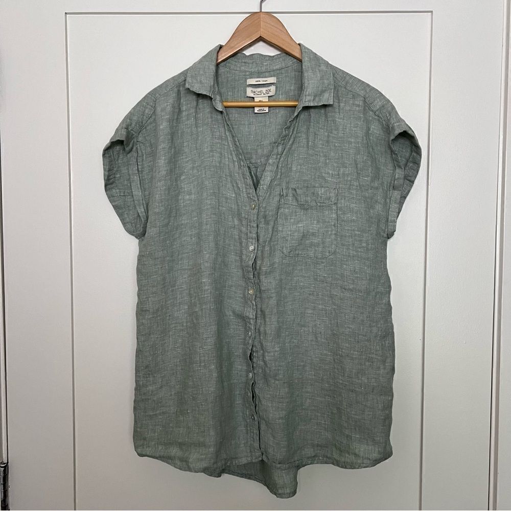 Rachel Zoe Shirt Blouse Womens Large Green Linen Woven Button Front Sleeveless